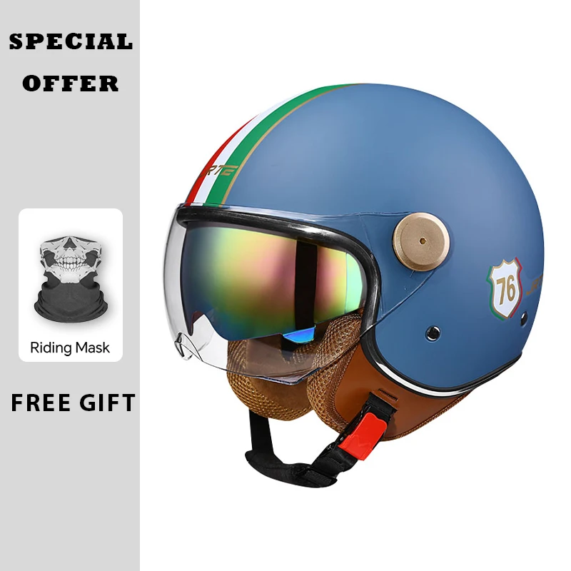 

Vintage 3/4 Open Face Motorcycle Helmets Daul Lens Adult Men Women Jet Helmet Scooter Curiser Chopper DOT ECE Approved