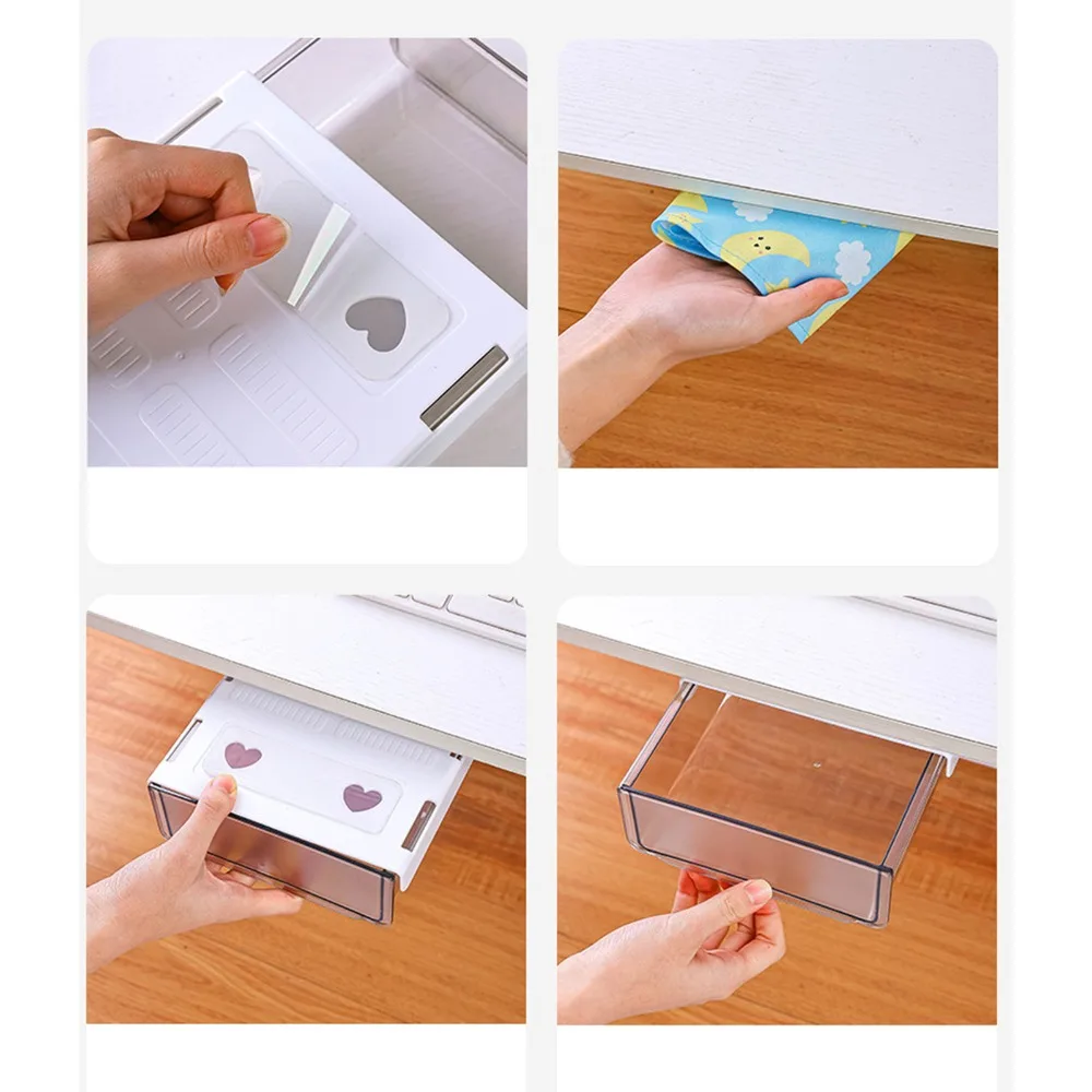 Transparent Under Desk Drawer Gray White Self Adhesive Organizer Stick on Design Mounted Desktop Attachable Drawer Office