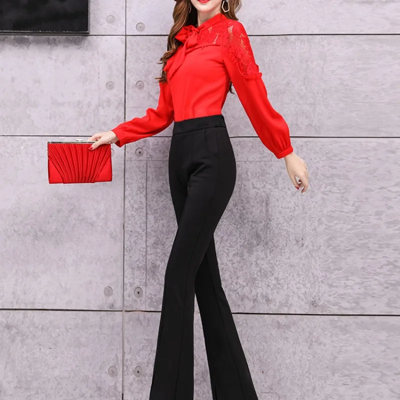 2023 Autumn and Winter Women's High Waist Pockets Lace Split Solid Slim Fashion Casual Elegant Commuter Speaker Pants