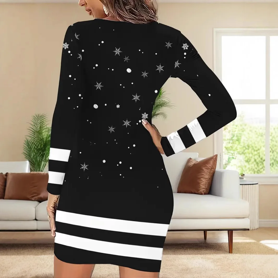 New women\'s sexy Christmas dress, fashionable printed long sleeved, slim fit, suitable for autumn Christmas