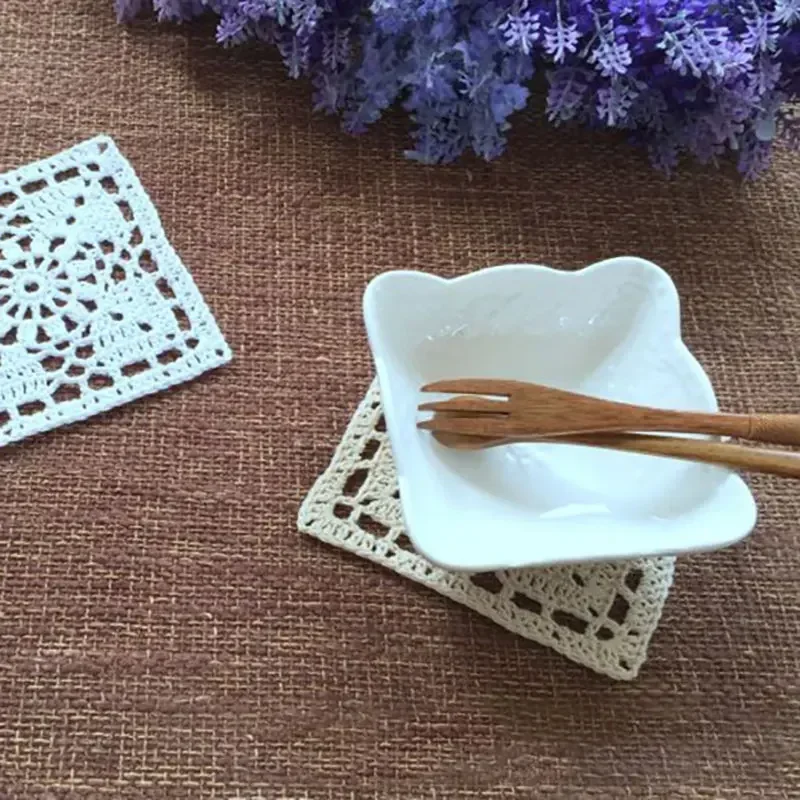 Square Handmade Lace Table Place Mat Cup Coaster Lace Crochet Tea Coffee Doily Dish Pad Dining Kitchen Wedding Decoration