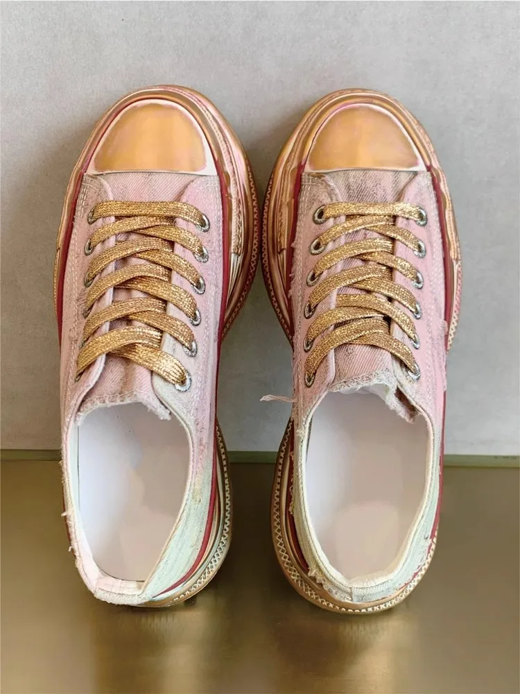 Fashion Women Lace Up Low Cut Thick Platform Canvas Shoes Round Toe Vintage Hole Ripped Casual Shoes Color Gradient Wedges Pumps