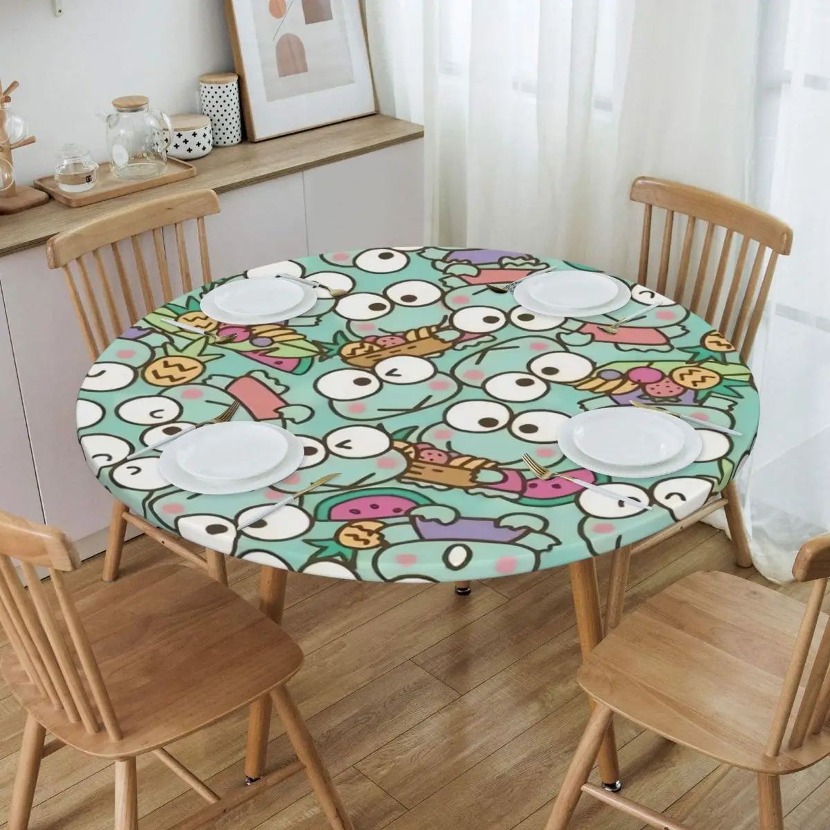 Round Waterproof Disney Kero Kero Keroppi Sanrio Anime Table Cover Elastic Fitted Table Cloth Backing Edge Tablecloth for Picnic