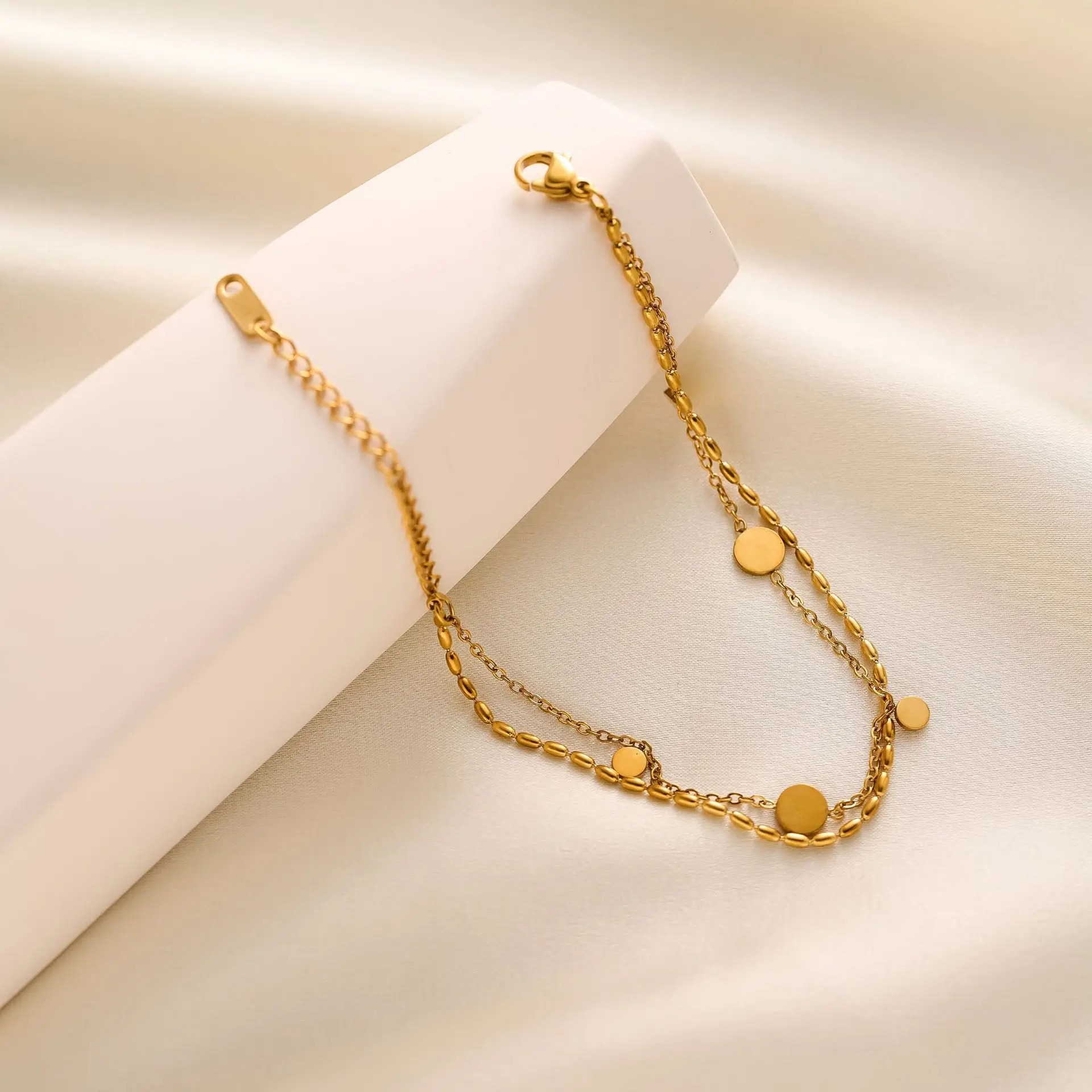 Double Layer Rice Bead Round Disc Bracelet, Anklet, 18K Gold Plated Colorfast Hypoallergenic Steel, Minimal Elegant Versatile Wo