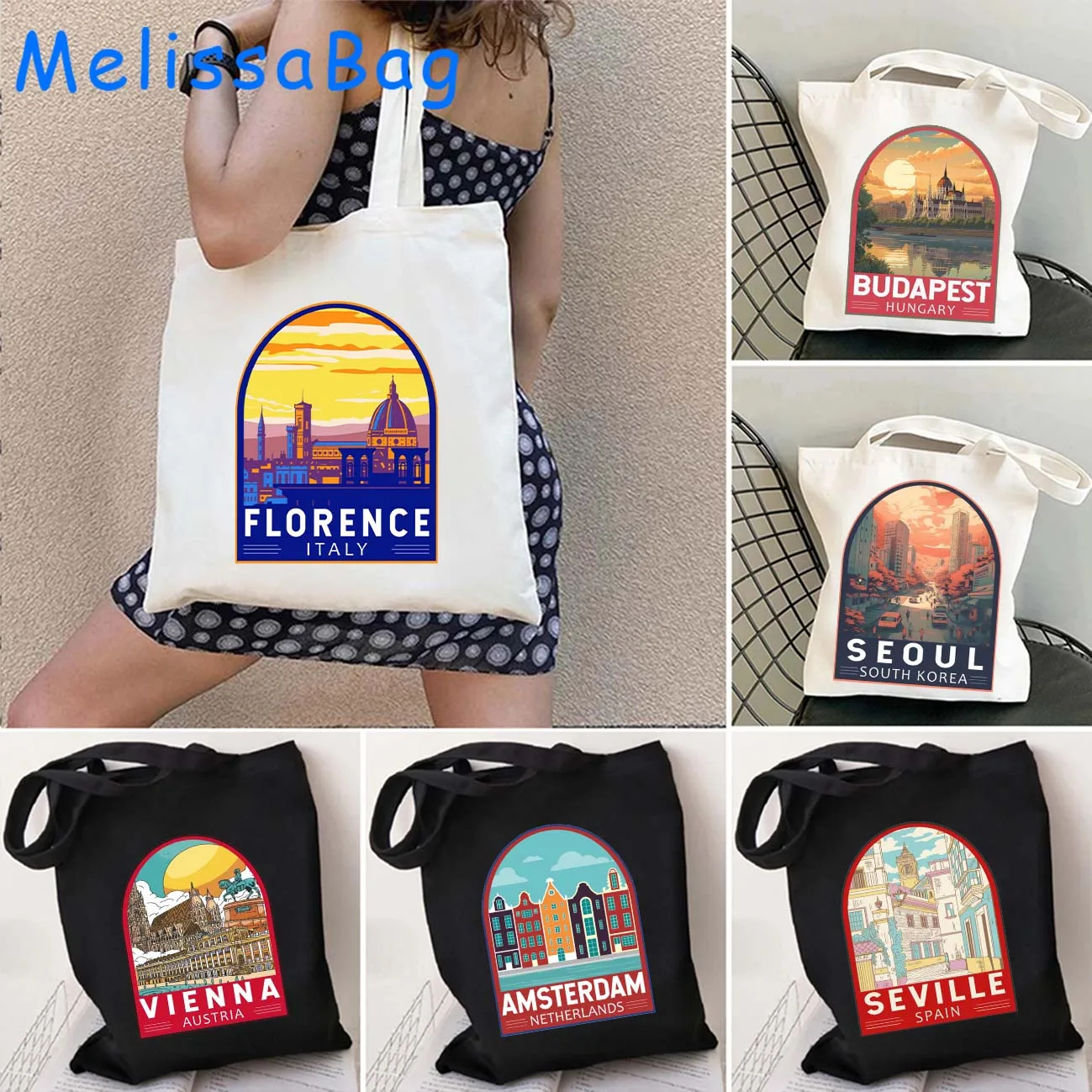 Seoul Budapest Amalfi alupon Ibiza milano italia svizzera Rio De Janeiro Seville paris Vienna Emblem Tote Bag Eco Handbag