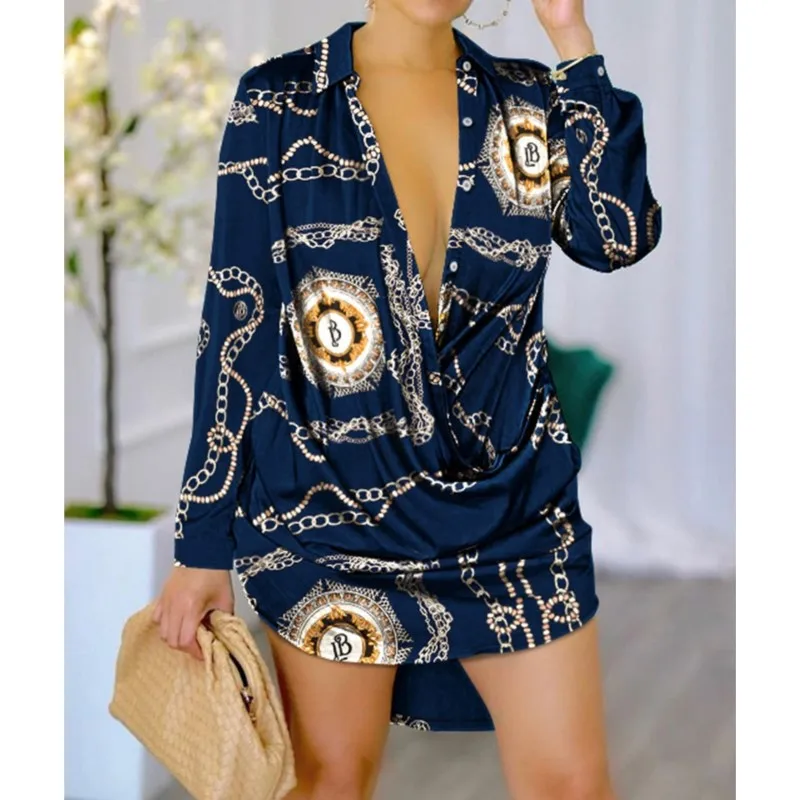 New Sexy V-neck Button Patchwork Shirt Dress For Women\'s Spring/summer Fashionable Printed Long Sleeved Mini Dress Ropa De Mujer