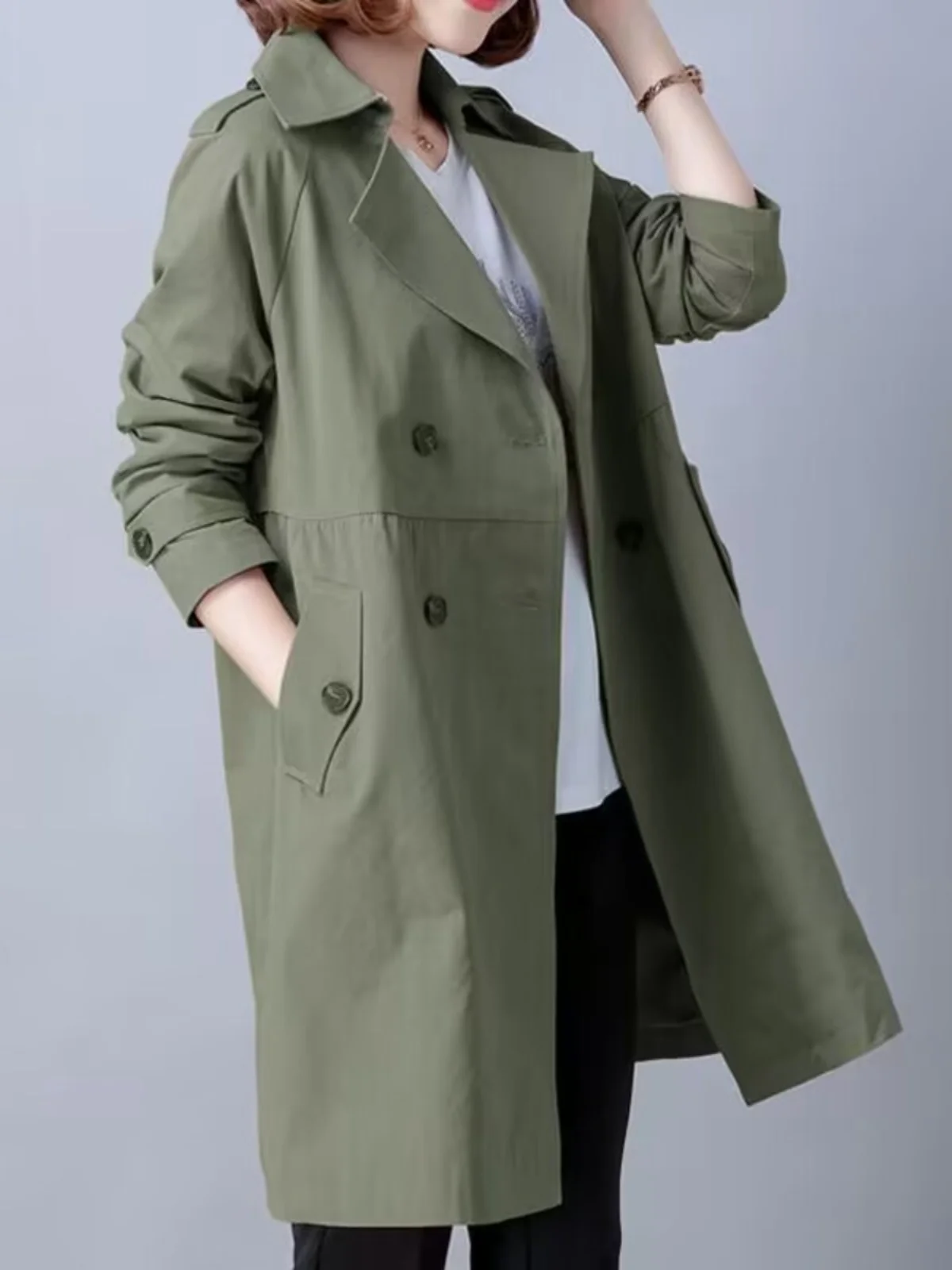 Spring Autumn High Waist Style Women's Long Coat Loose Fit Small Size Friendly Double Breasted Korean Style Commute Windbreaker