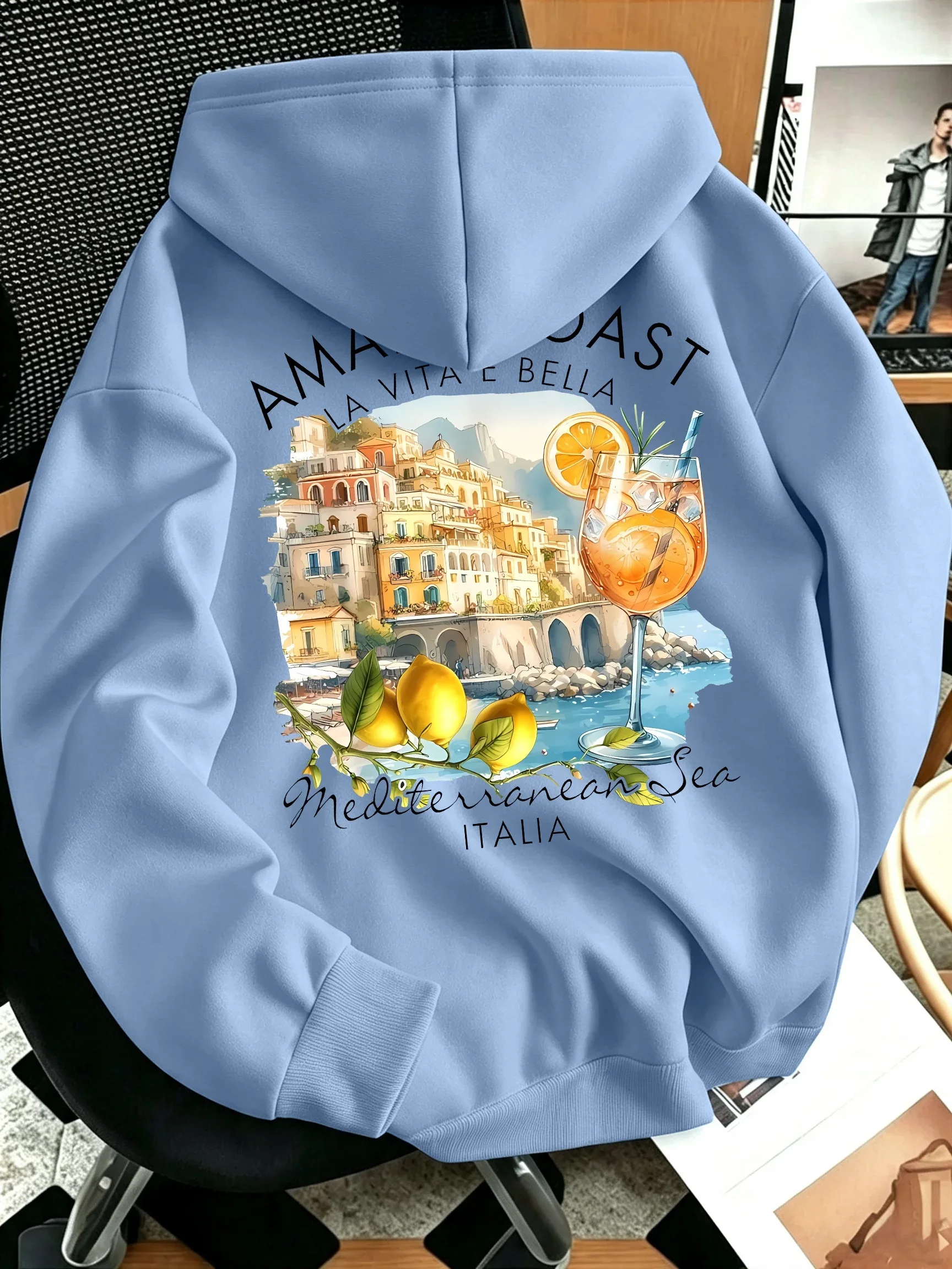Men's Amalfi Coast Italy Sports Hoodie Mediterranean Lemon Cocktail Graphic Pullover Hooded Sweatshirt Autumn Winter