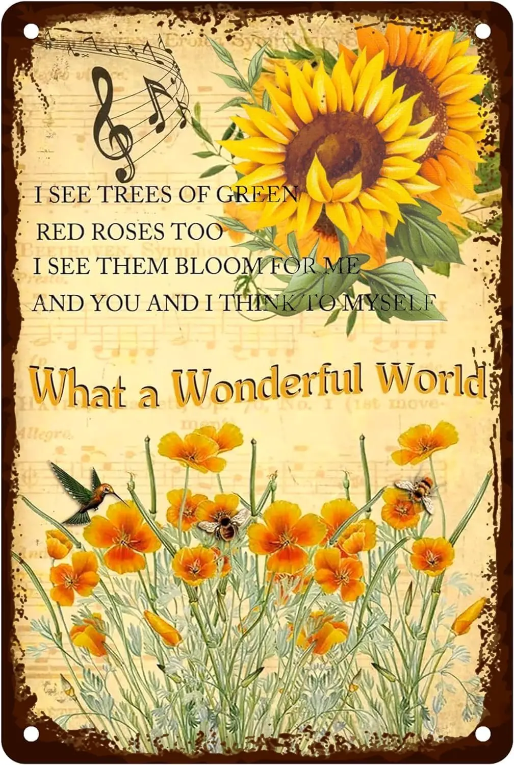 Какой чудесный мир, металлический жестяной знак, винтажный Настенный декор в виде подсолнуха, я вижу деревья зеленой и красной розы, слишком ретро-цветы, художественный постер Pl