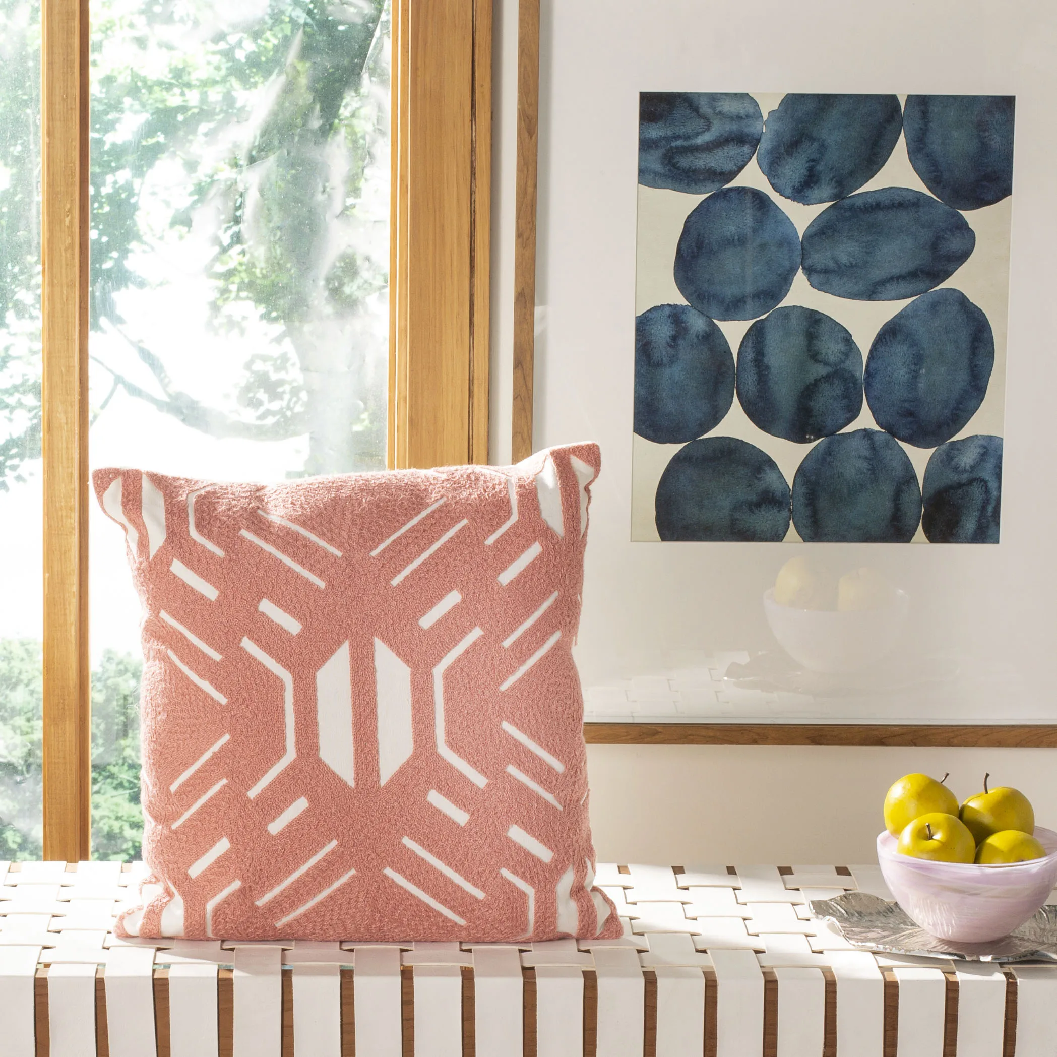 

Geometric plush pillow 18 inches square in blush and white tones
