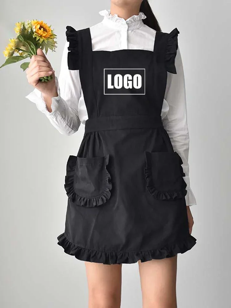 Custom Embroidery Printing LOGO Baking Dessert Floral Painting Art Lovely Outdoor Maid Apron Dress For School Student Girl Woman