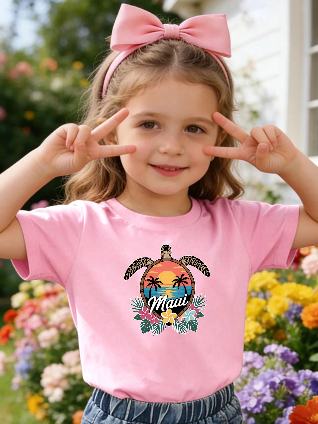 Tropical Maui Turtle Sunset Floral Beach Print Kids Tee Boys Girls Cotton Summer Soft Casual Unisex Kids Short Sleeve Shirts