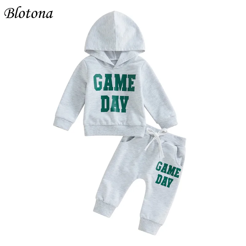 

Blotona Kids Girls Boys 2Pcs Outfits, Letter Pattern Hooded Long Sleeve Pullover Tops + Drawstring Elastic Waist Pants Set 1-6Y