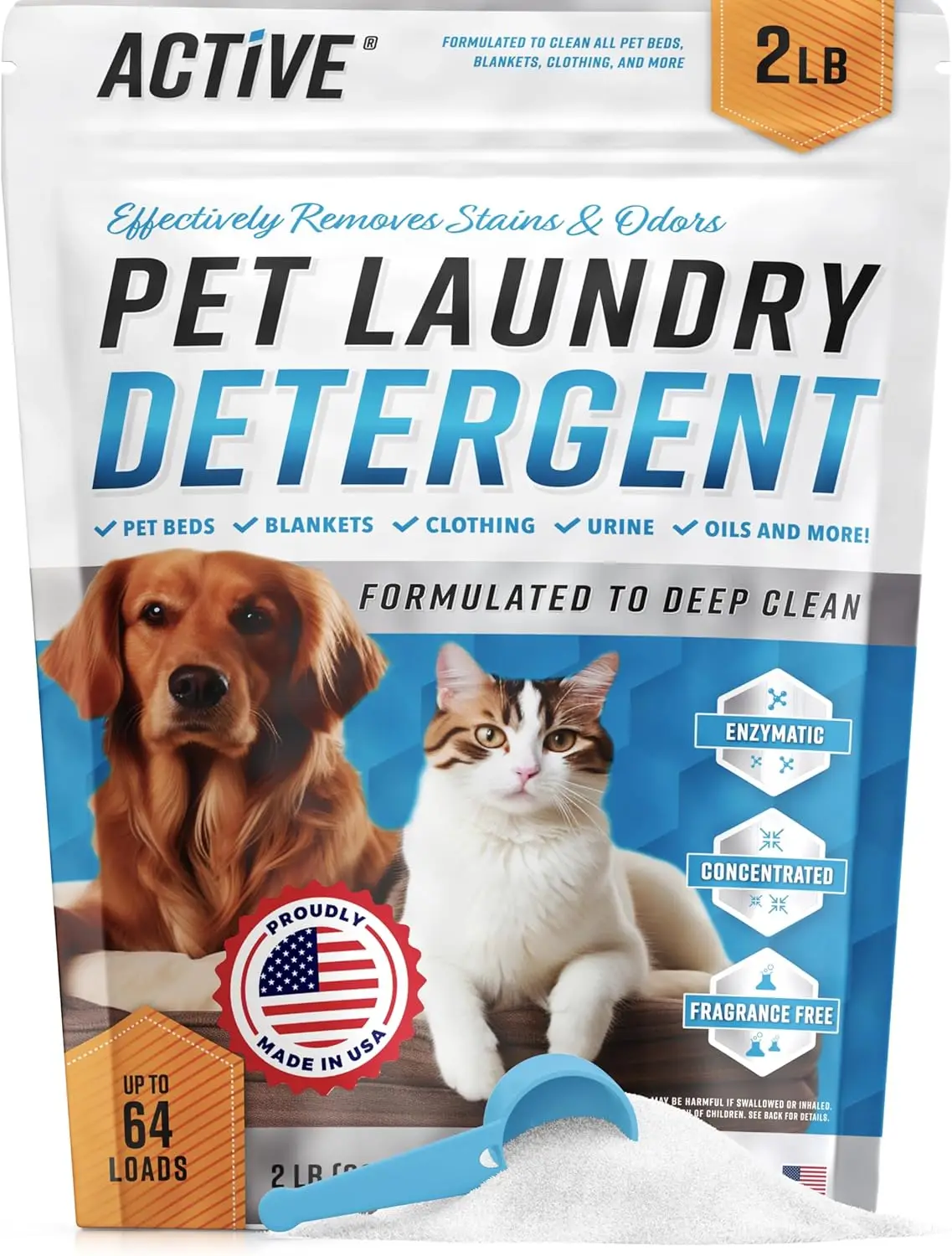 

Enzyme Pet Laundry Detergent Powder - Removes Odors, Stains from Dog Beds, Cat Pee, Safe for HE Washers, 64 Loads