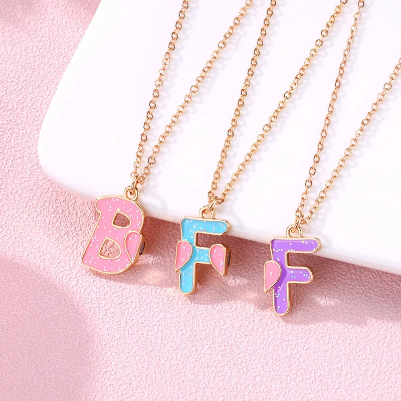 Lovecryst 3Pcs/set Colorful Glitter Pendant BFF Letter Magnetic Necklaces for 3 Kids Girls Friendship Children Jewelry Gifts