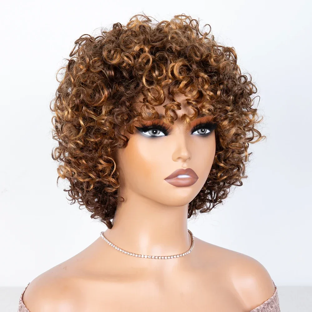 

Short Pixie Bob Cut Human Hair Wigs with Bangs Jerry Curly Full Machine Made Wig Highlight 4/30 Wigs Short Curly Human Hair Wigs