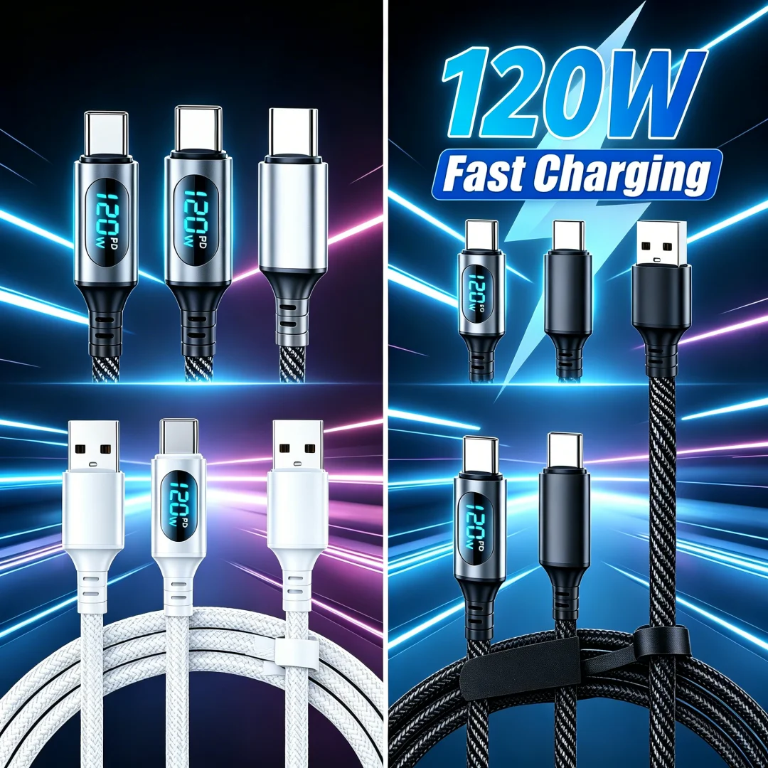 Cable con pantalla digital de 1m/2m y 120W, carga rápida PD para teléfonos móviles, cable de datos USB tipo C para dispositivos Macbook, iPad, iOS y Android, USB-C