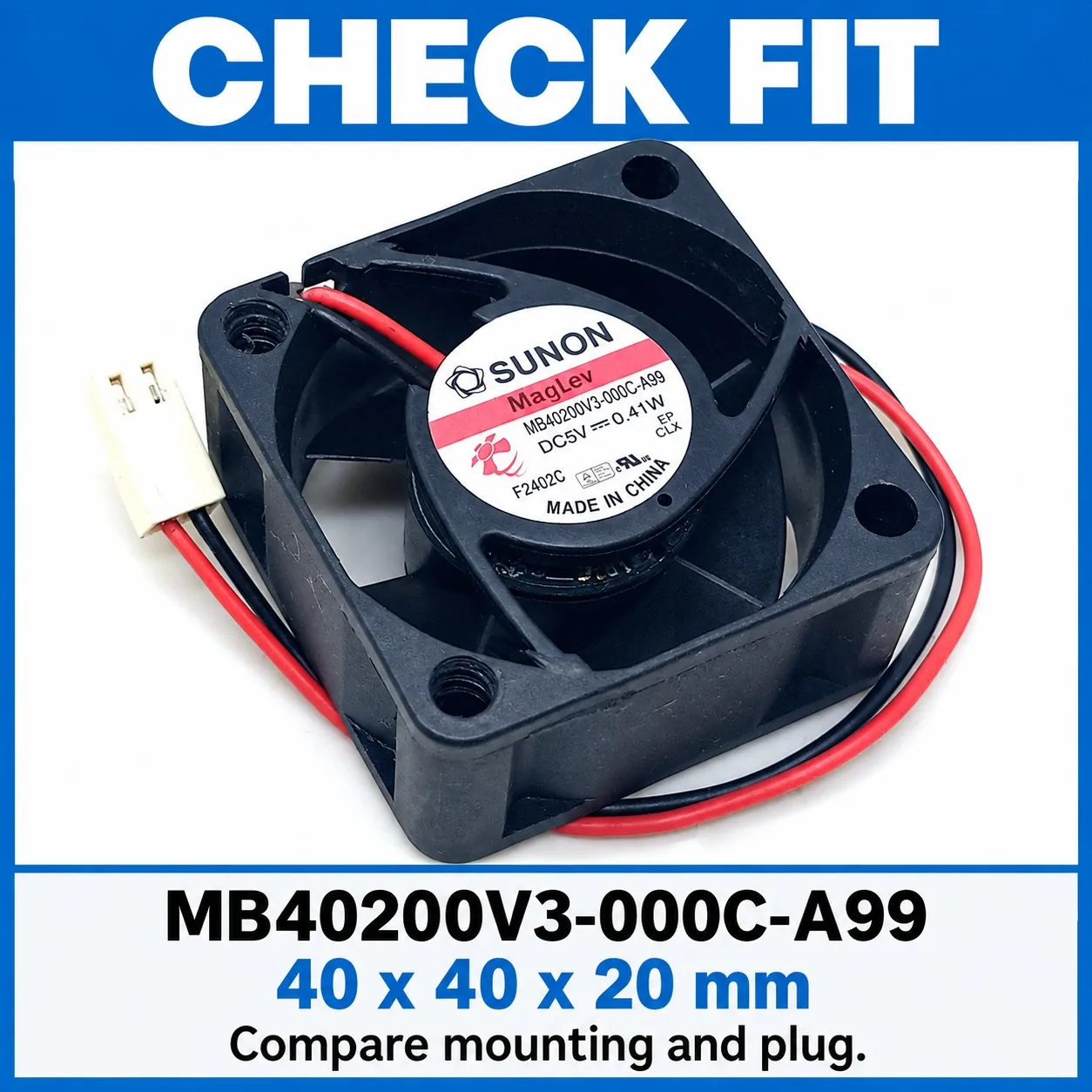 MB40200V3-000C-A99 Cooling Fan 40x40x20mm 4020 5V 0.41W 5200RPM 2-Pack for SUNON