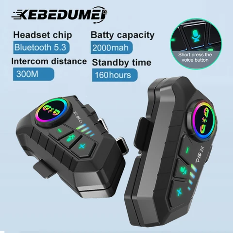 KEBIDUMEI 1/2x Intercomunicador para Capacete de Moto com Bluetooth 5.3 para 2 Pilotos, Alcance de 300M, Impermeável, Compartilhamento de Música