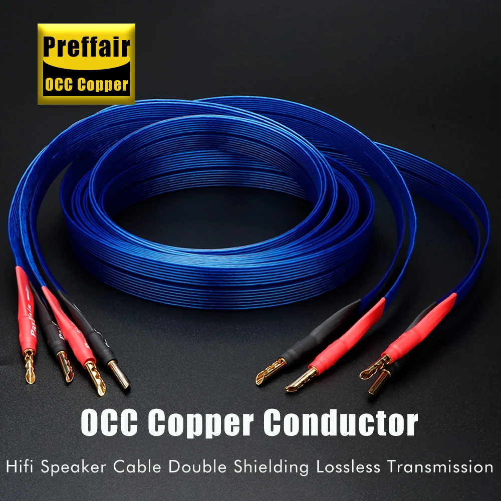 

HIFI Speaker Cable 6N OCC Speaker Wire Blue Flat Belt Silver Plated Loudspeaker cable Gold Plated Banana Y Spade Plug
