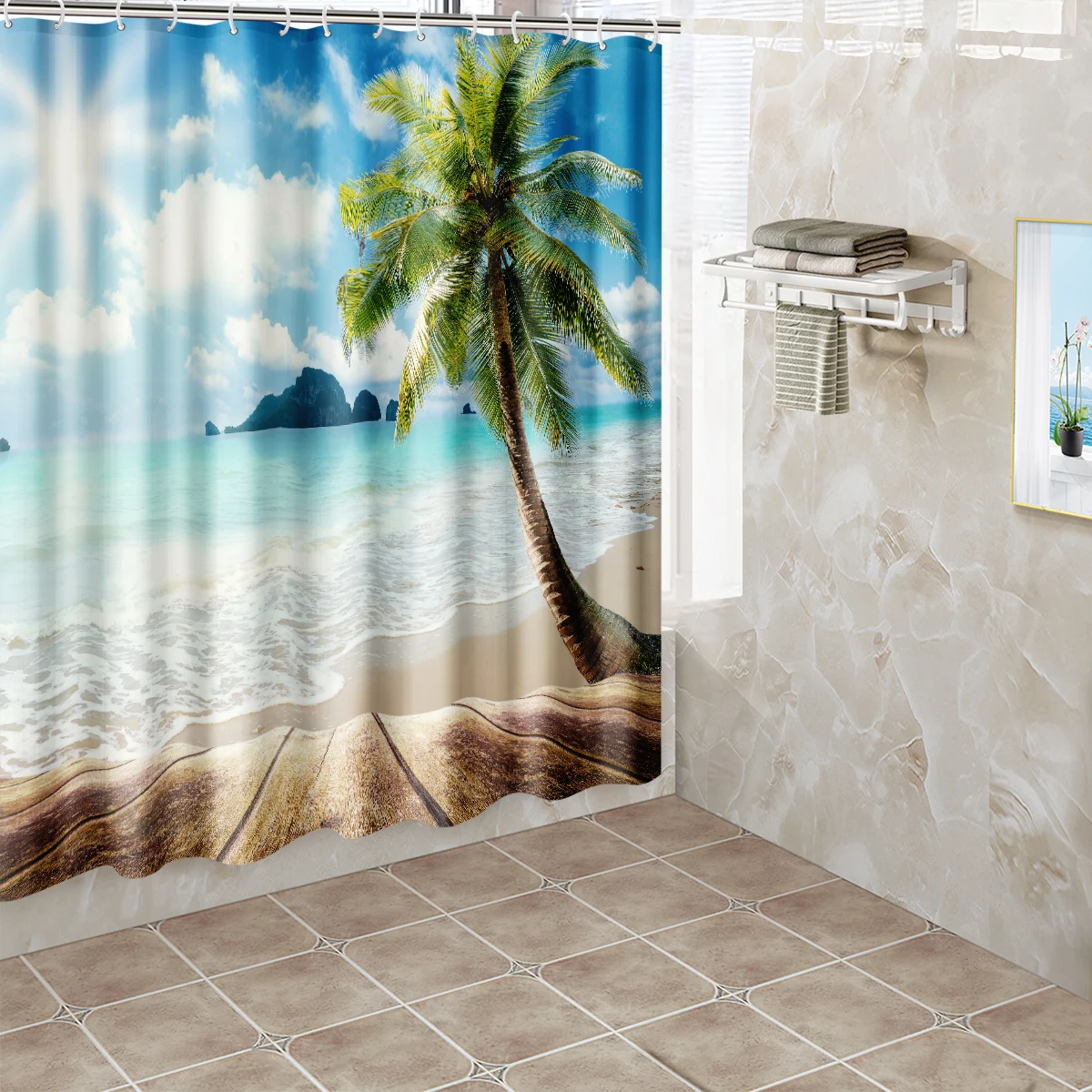 1pc Coconut Coaste Shower Curtain Bathroom Partition Decorative Curtain Machine Washable Tree Beach Print Window Privacy Curtain