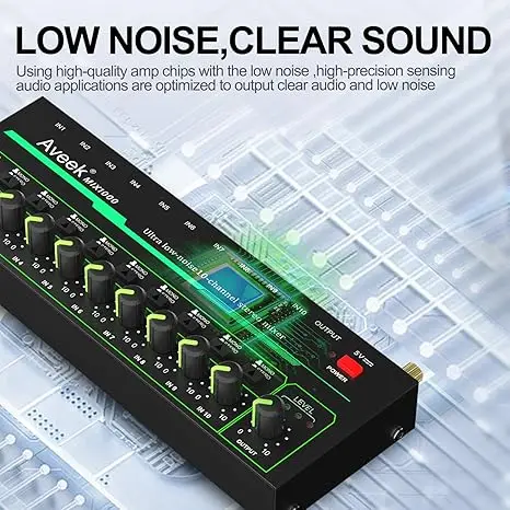 Aveek 10 Channel Mixer - Mini 10 Stereo Audio Mixer, Low-Noise for Precision Sub-Mixing,1/4" TRS Input/Output Ideal for Mics/Gui