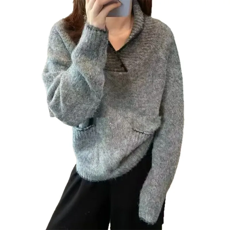 Pull ample à revers bloqué de couleur pour femmes, haut à Double poche, nouveau Style décontracté, automne et hiver 2025