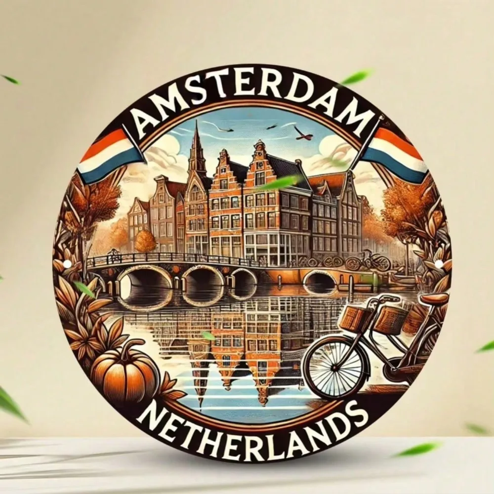 Vintage Amsterdam Round Tin Sign Dutch Canal Wall Art Retro Aluminum Plaque 8Inch