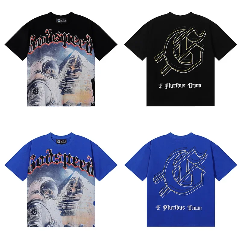

New Arrived GOD SPEED T Shirts Loose Men Woman Top Tees Outdoor Good Quality 1:1 Astronaut Pyramid Print Pattern Short Sleeve