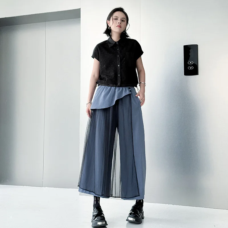 Women Pants Mesh Capris Spliced Ankle Length Empire Elastic Waist Wide Leg Pants Slight Stretch Loose Fit Streetwear 2025 Summer