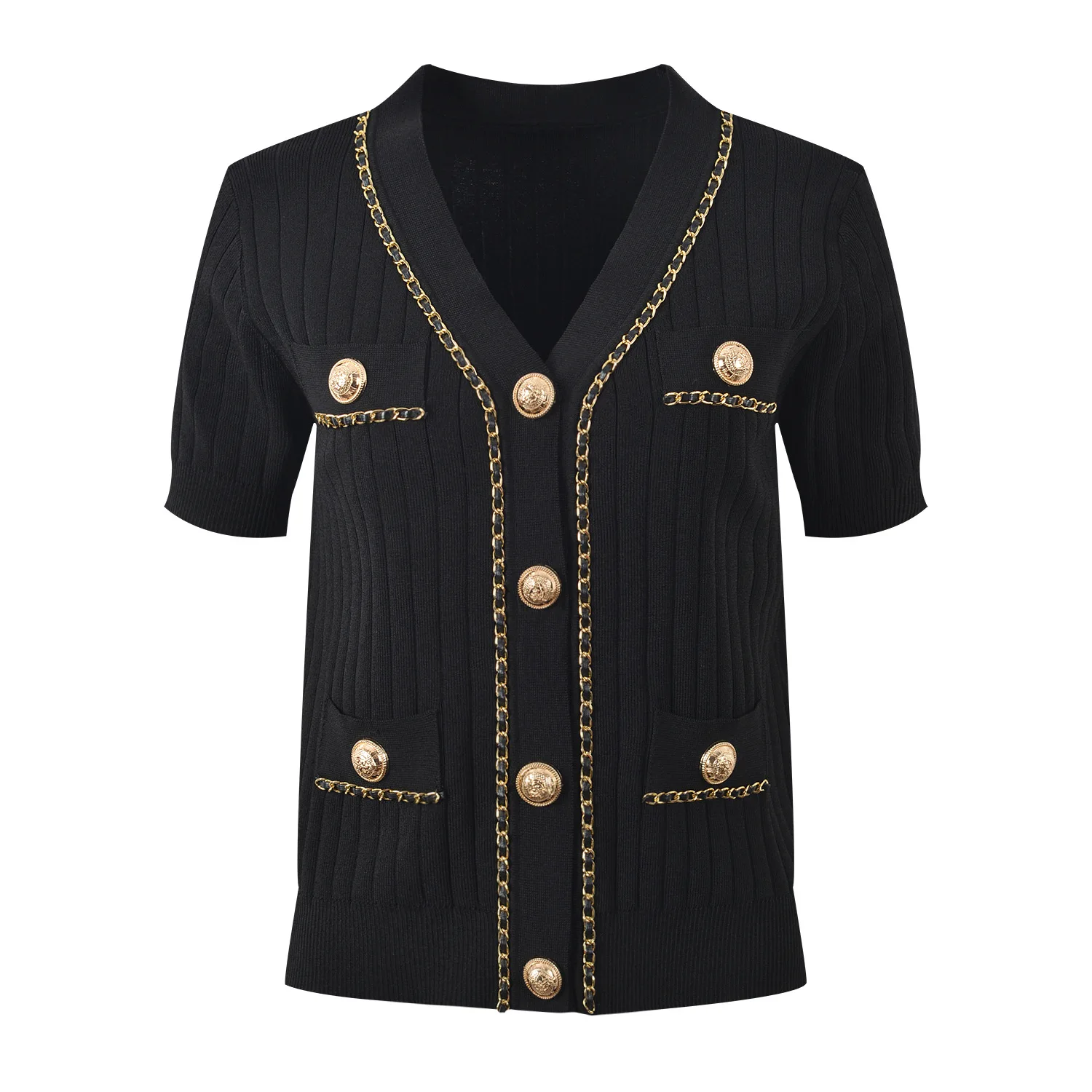 2024 Summer Lady Elegant Style V-neckline Short Sleeve Women Single-breasted Solid Chain Decoration Slim Fitted Knits Cardigan