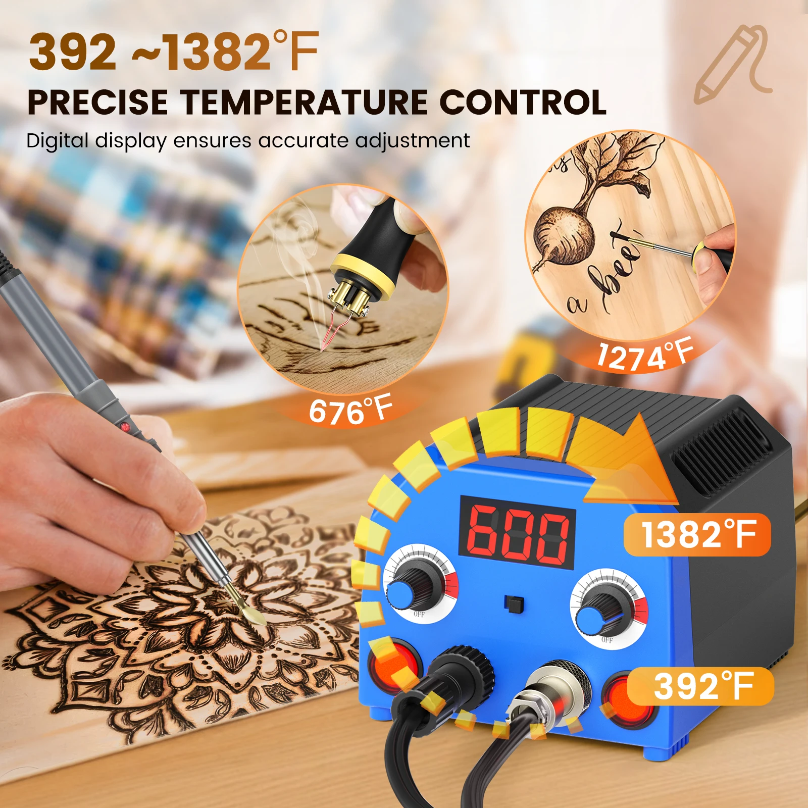 Dual-port Wood Burning Pyrography Machine Kit with 3 brushes 30 wire tips,Adjustable Temperature 676℉-1274℉ Wood Burner