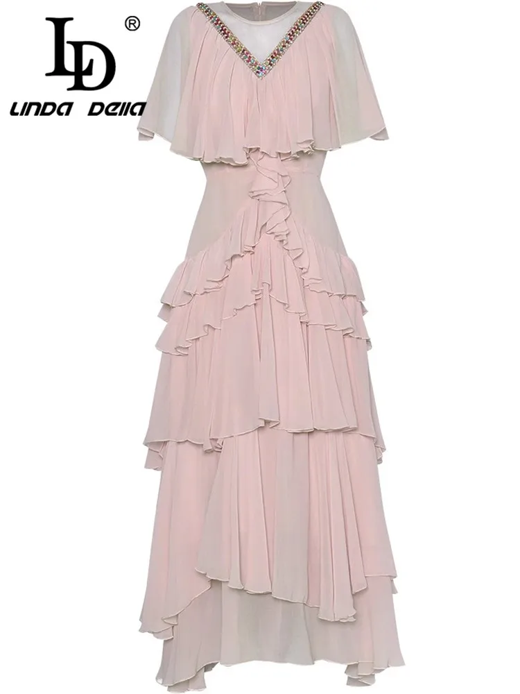 LD LINDA DELLA Summer Women's Sweet Palace Style Dress Beading Butterfly sleeve Fashion Tiered Ruffles Chiffon Evening Dresses