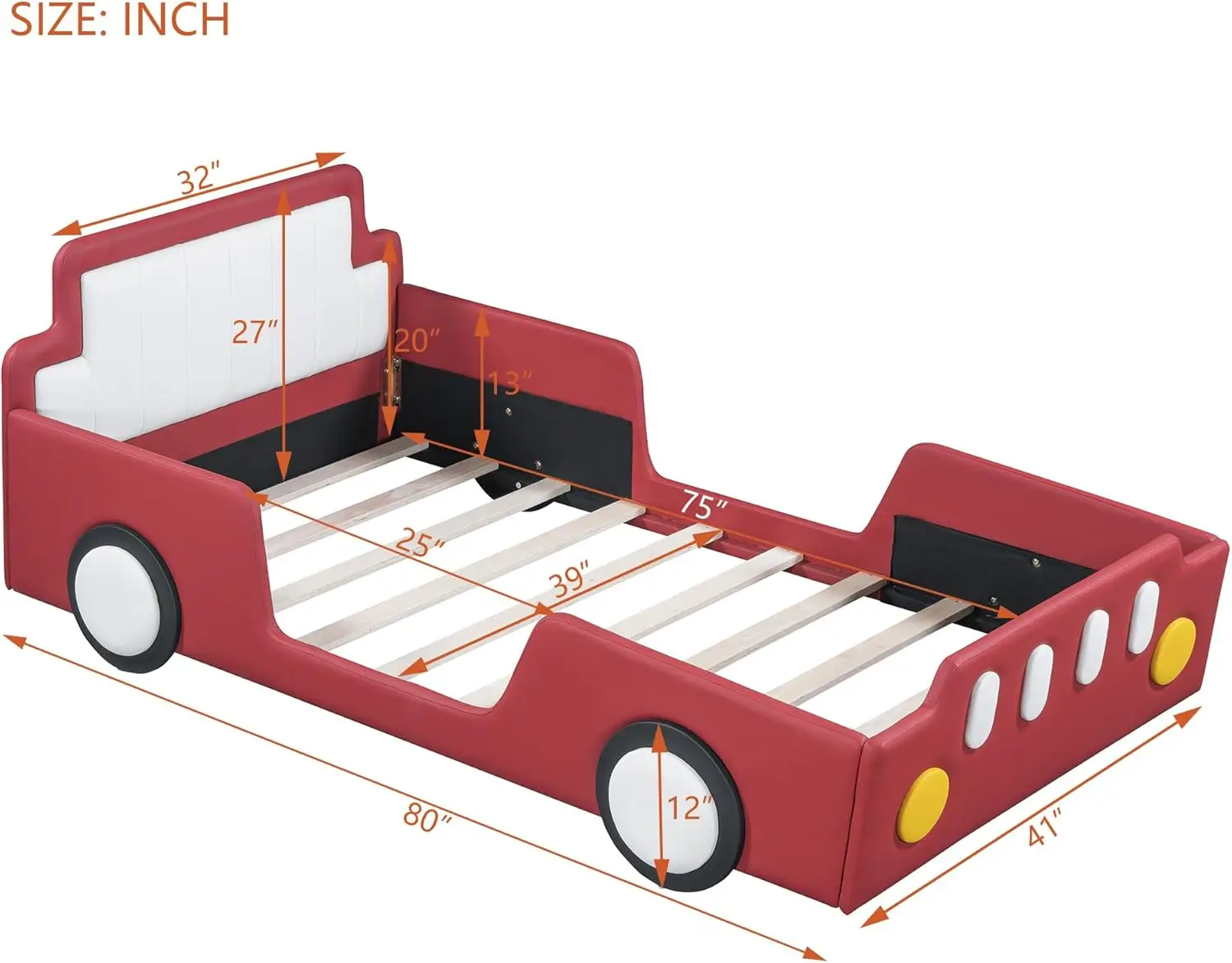 Twin Size Race Car Bed For Kids, Pu Car-Shaped Bedframe With Wheels And Side Rails For Boys,Girls, Wood Slat Support, No Box