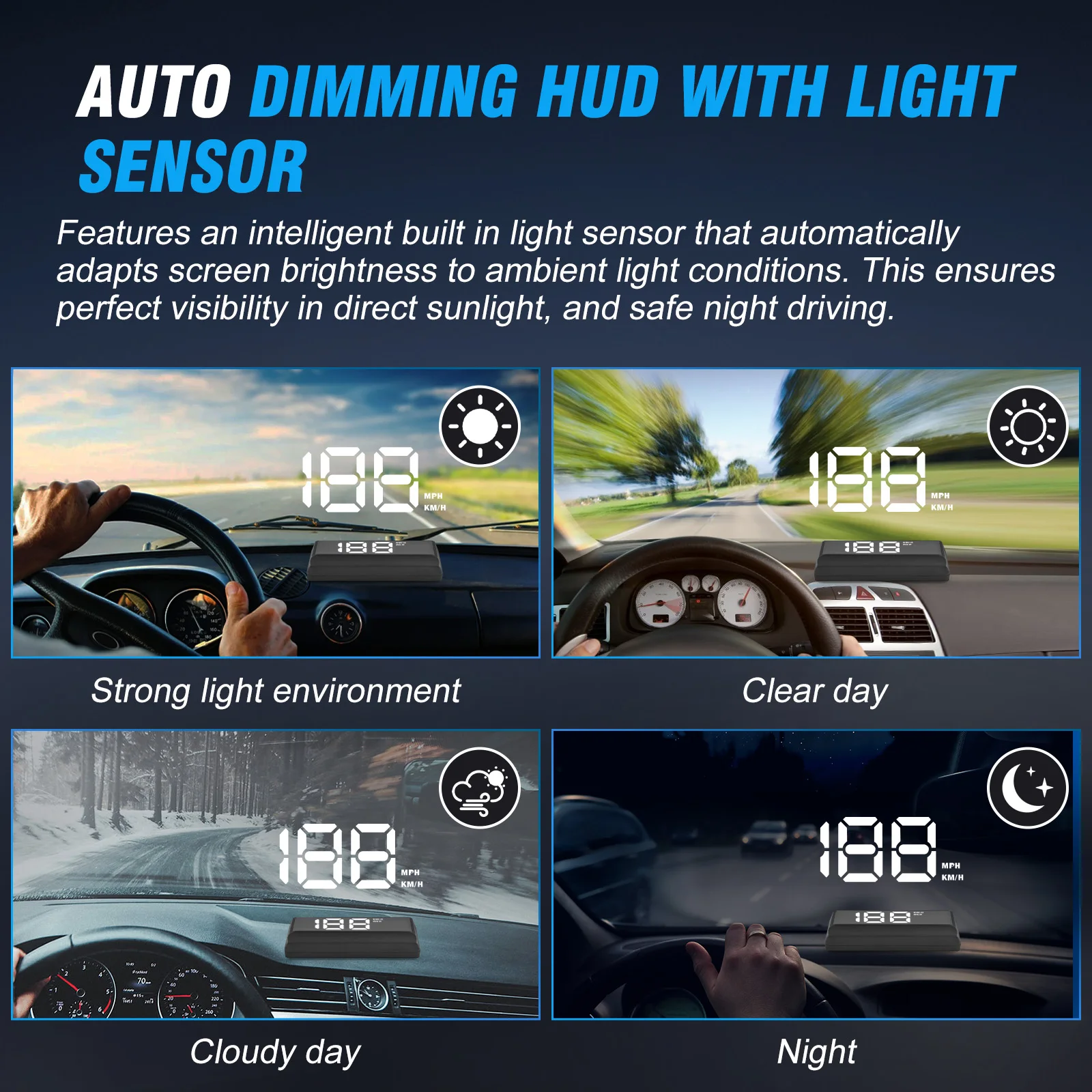 HUD White Reflective Triple Over-Speed Alarm Auto Light Sensor KM/H MPH Switchable Voltage 5V For All Cars Digital Speedometer