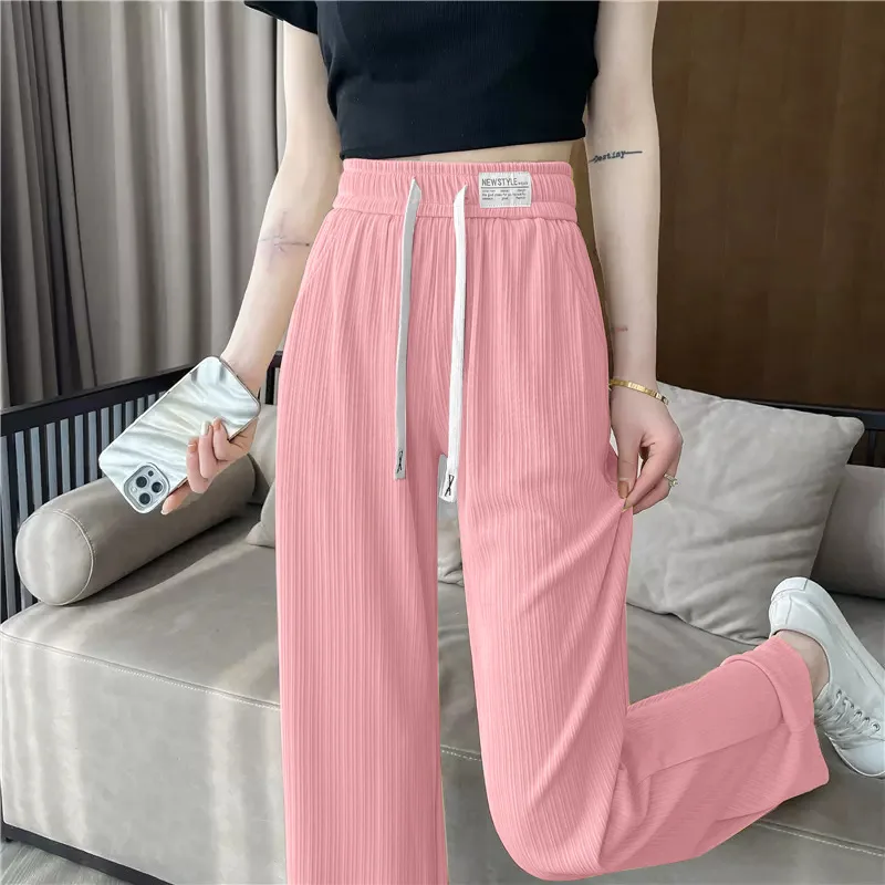 

Широкие брюки из ледяного шелка, женские летние тонкие драпированные студенческие повседневные брюки с высокой талией, тонкие свободные узкие брюки с прямыми штанинами