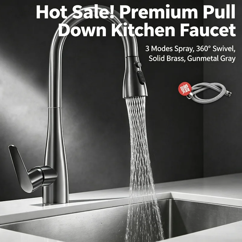 

Hot Sale Pull Down Kitchen Faucet - 3 Modes Spray 360° Swivel Solid Brass Gunmetal Gray Single Handle Hot Cold
