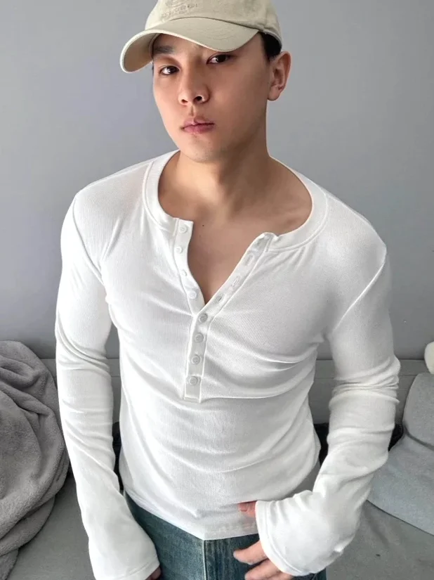 Korean Sports Henry Neck Long-sleeved T-shirt Men's High-end Deep V-neck Top Elastic Slim-fit Striped POLO Shirt