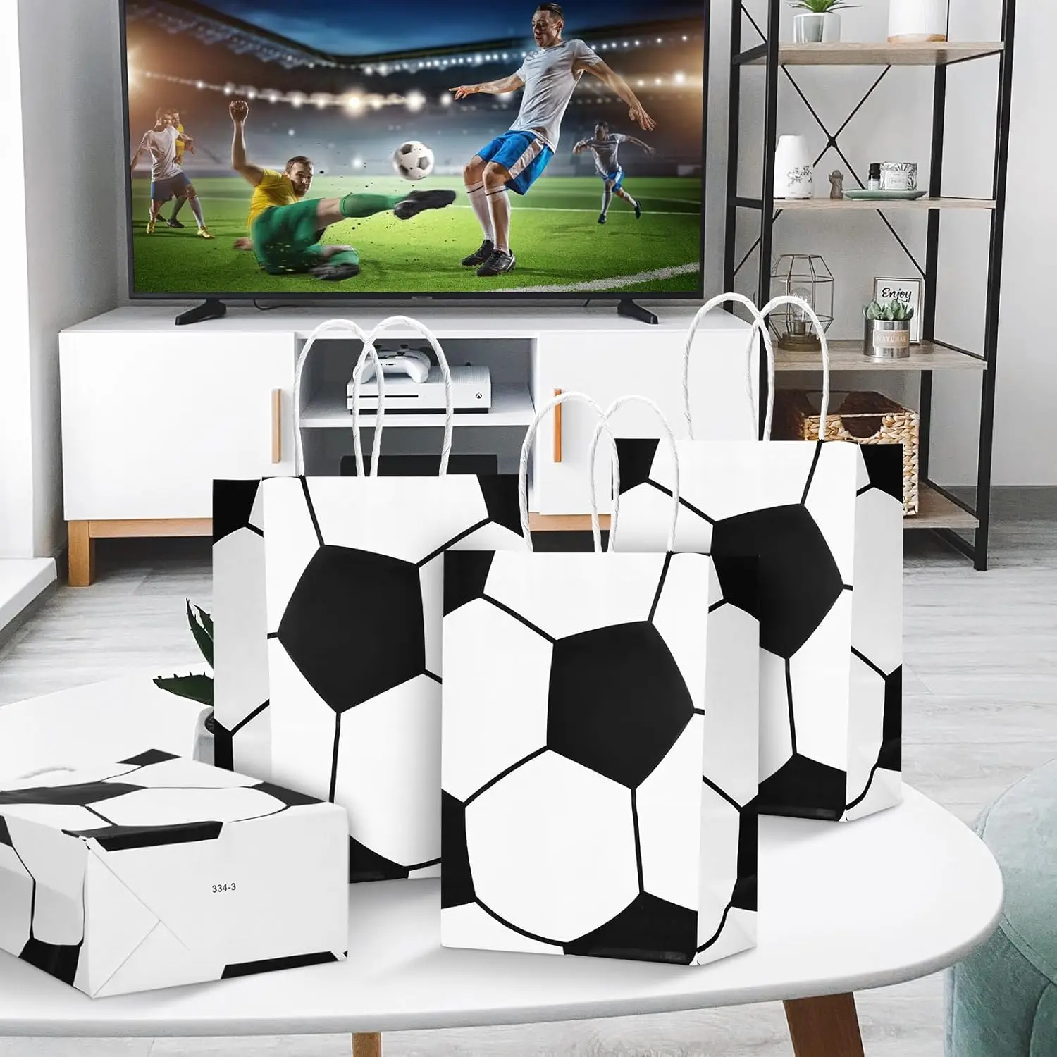 Fußball-Partygeschenk-Papiertüte, Fußball-Themenparty-Geschenktüte mit Griffen, Fußball-Goodie-Tasche, Süßigkeitentüte, Partyzubehör, 10 Stück/20 Stück – Detail 2