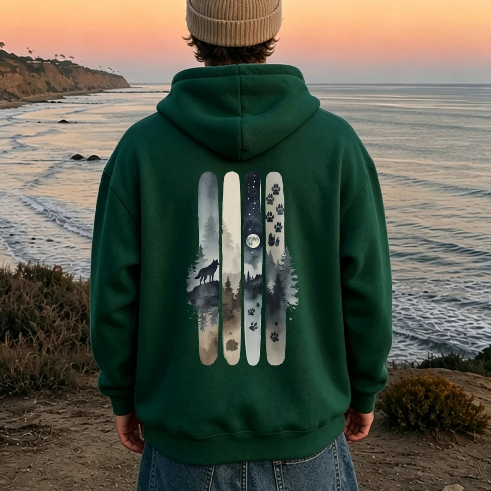 Watercolor Wolf Pine Forest Moon Nature Vertical Stripes Graphic Hoodie Front Print Sweatshirt Outdoor Camping Hiking Hooded Top