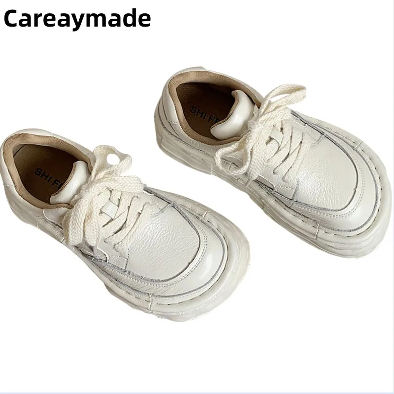 

Careaymade-Genuine leather Lazy shoes,women's thick soles dad shoes,sponge soles handmade shoes, round toe low top single shoes