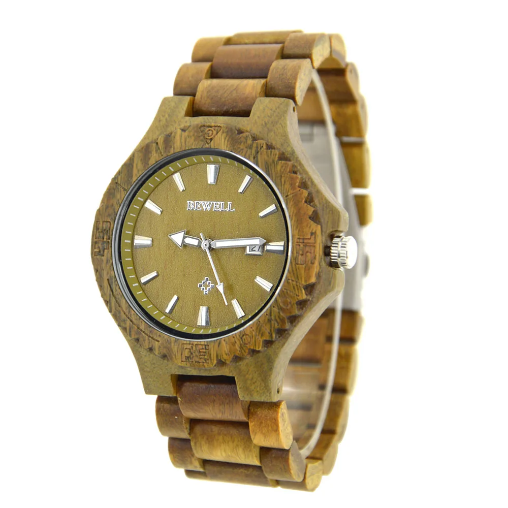 Mellow Round Solid Wood Men Quartz Wristwatch Luminous Date Sturdy Fold Buckle Slim Light Male Wooden Watch