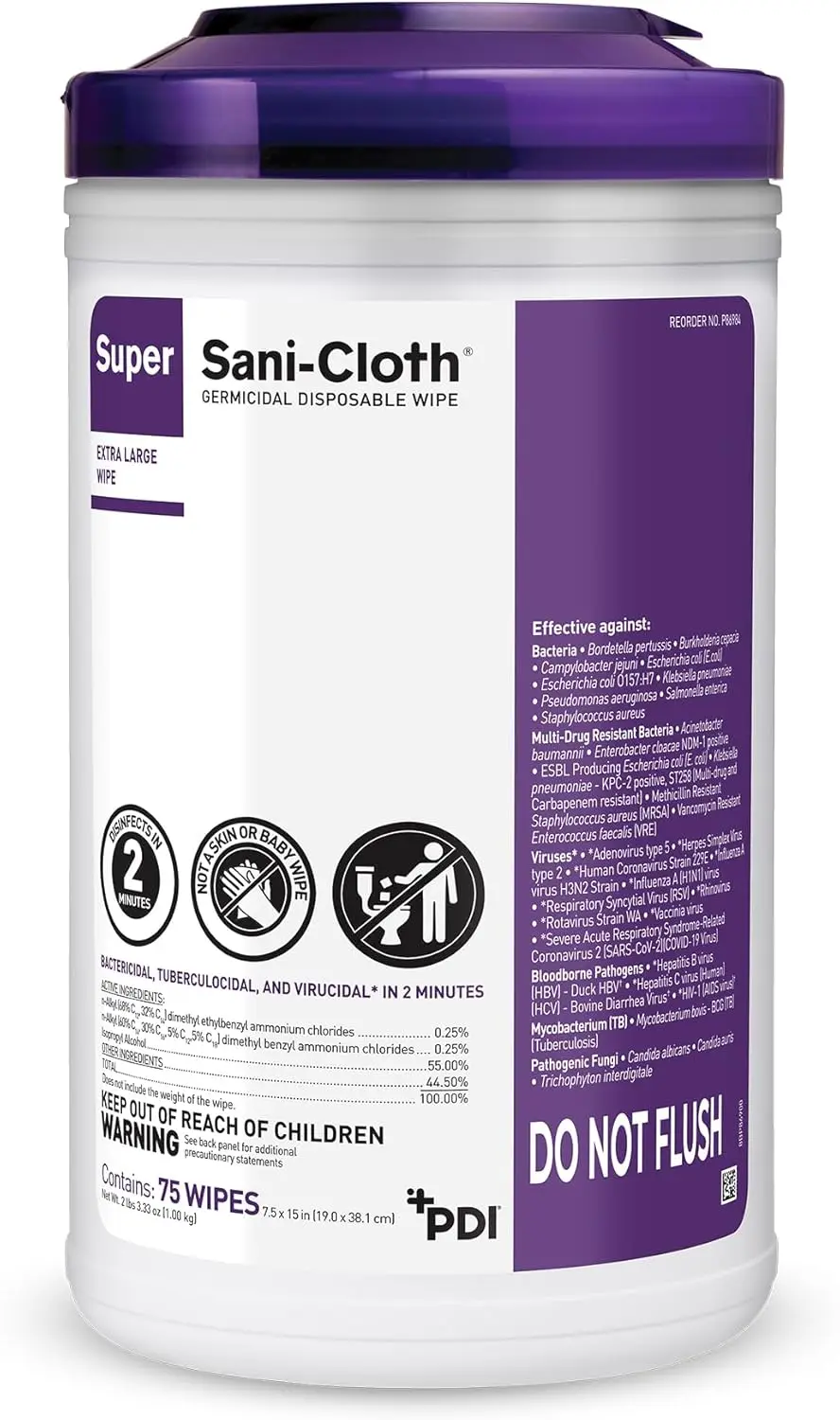 

Super Sani-Cloth Germicidal Disposable Wipe, X-Large 5'' x 8'' Wipe, Pop Up Dispenser of 65