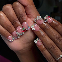 24Pcs Short Square False Nails Shiny Diamond Decor French Press On Nail Tips Spice Girl Y2K 3D Flower Bow Reusable Fake Nail
