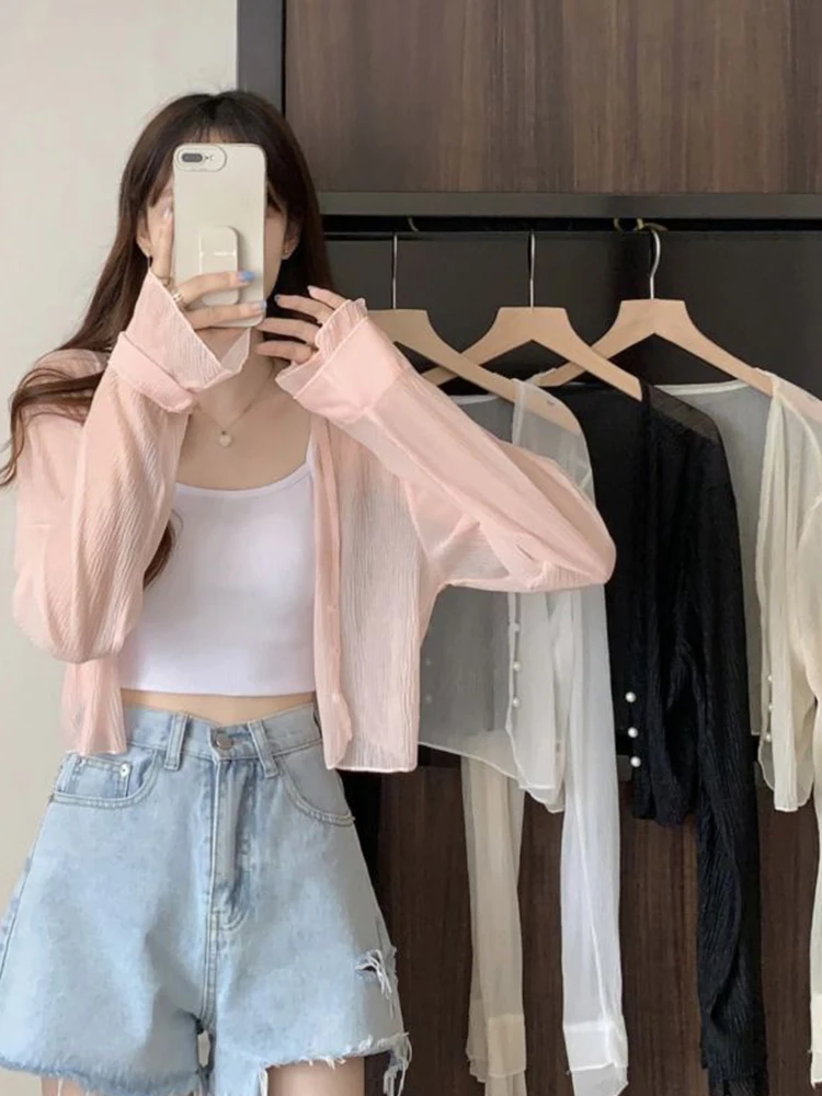Sun Protection Ice Silk Short Thin Cardigan Women's Air Conditioning Cover up Shawl V-Neck Long Sleeve Bell Sleeve Top