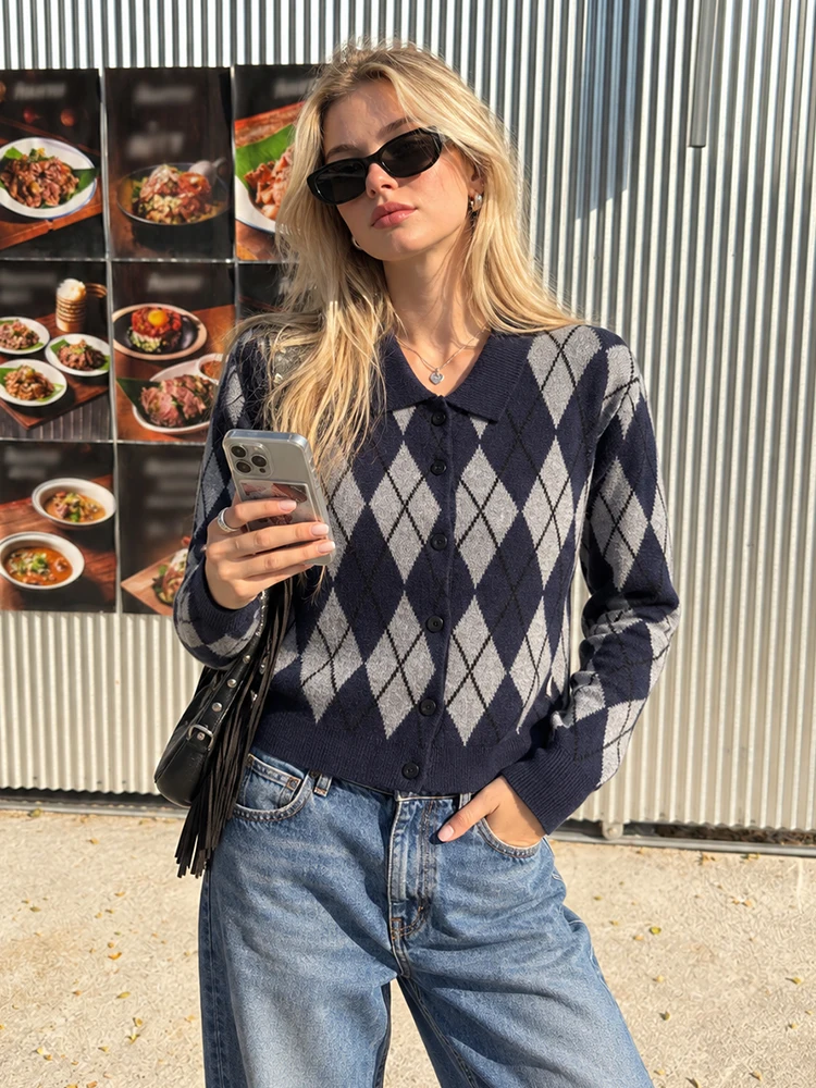 HH Women Spring Fall Argyle Knit Cardigan Polo Collar Button Down Ribbed Hem Cuffs Vintage Sweater For Office Daily Commute
