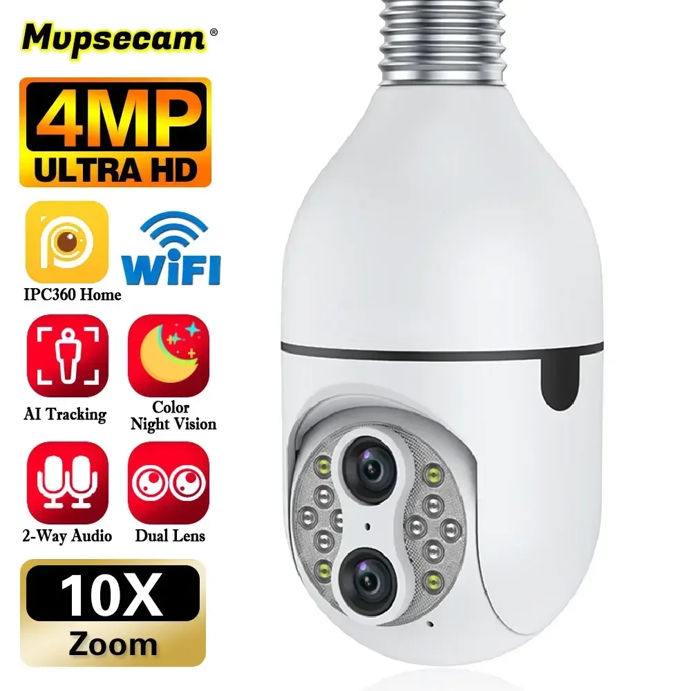 

WIFI Surveillance IP Camera Dual lens 4MP 2K Color Night Vision AI Tracking Remote PTZ Control Bulb Smart Home Security Camera