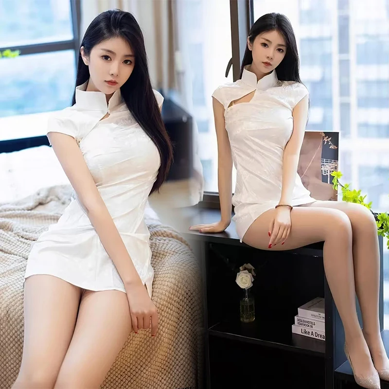 Abito Qipao cinese sexy Cheongsam Nero Bianco Moda Stile orientale Allettante Uniforme Streetwear Spettacolo di feste di ballo