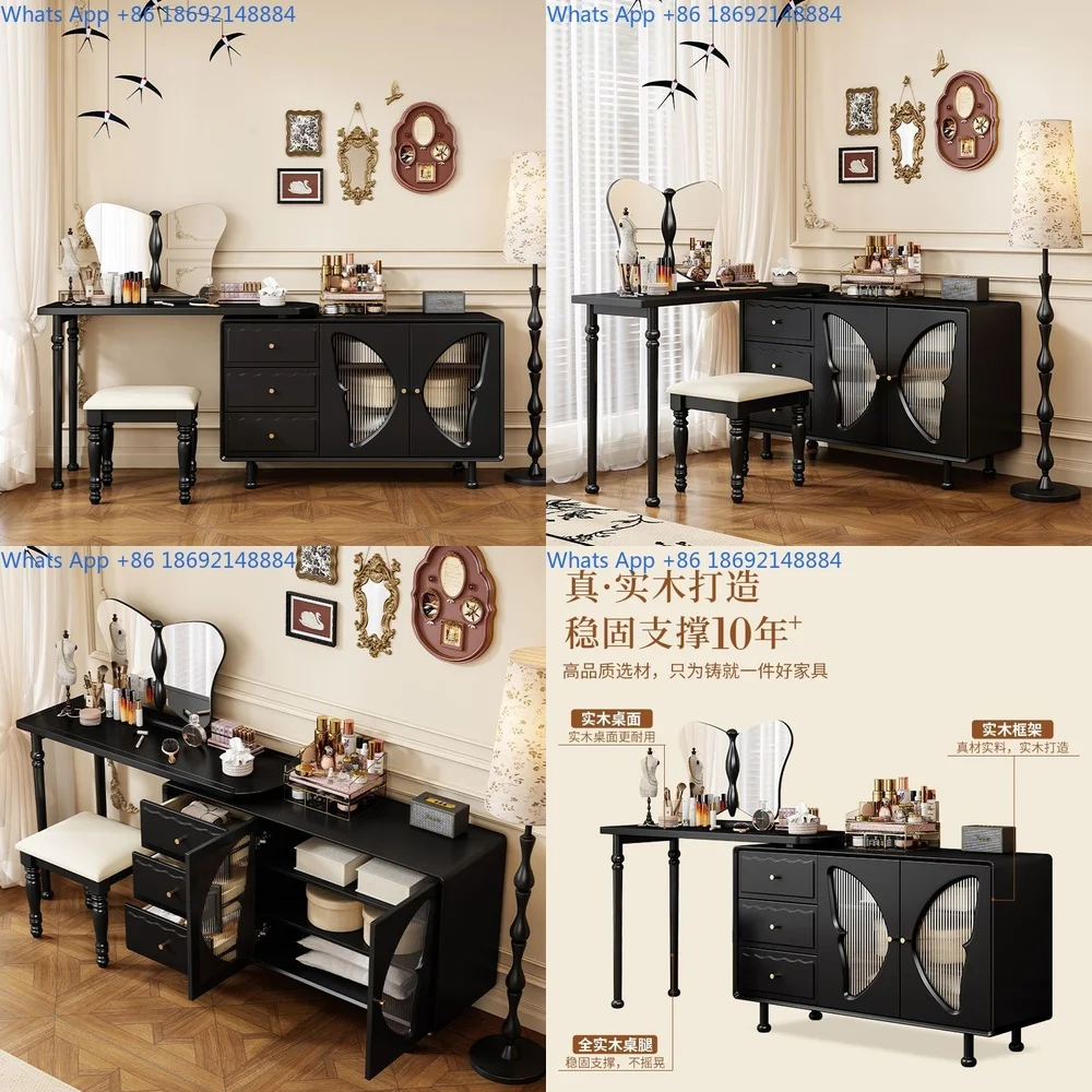 Corner Makeup Vanity Desk in Black Solid Wood French Vintage Style Dressing Table with Drawer Storage for Small Spaces