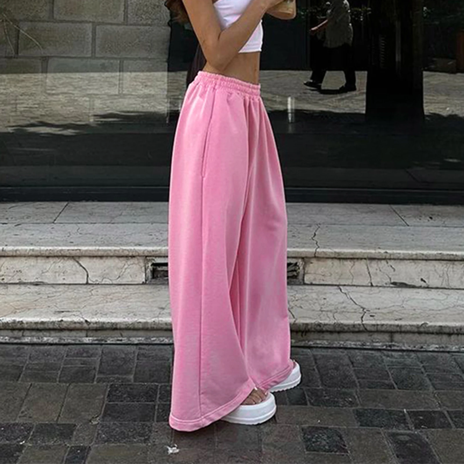 Women's Casual Baggy Pants Pink Elastic Waistband High Waist Cargo Pants Jogger Pants with Pockets Sweatpants Streetwear